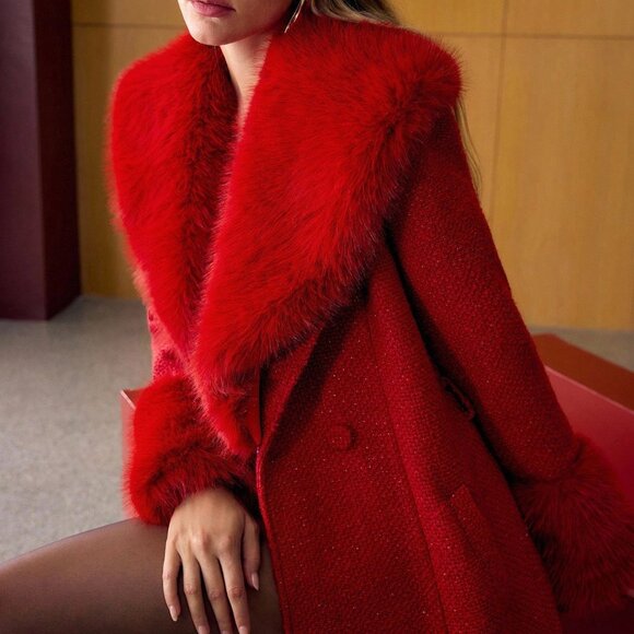 Red Elegant Women's Collar Tied Waist Long Coat - Picture 4 of 7